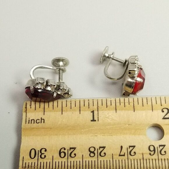 Vintage Red Rhinestone Teardrop Shape Clip On Earrings, Prong Set Silver Tone - Picture 4 of 6